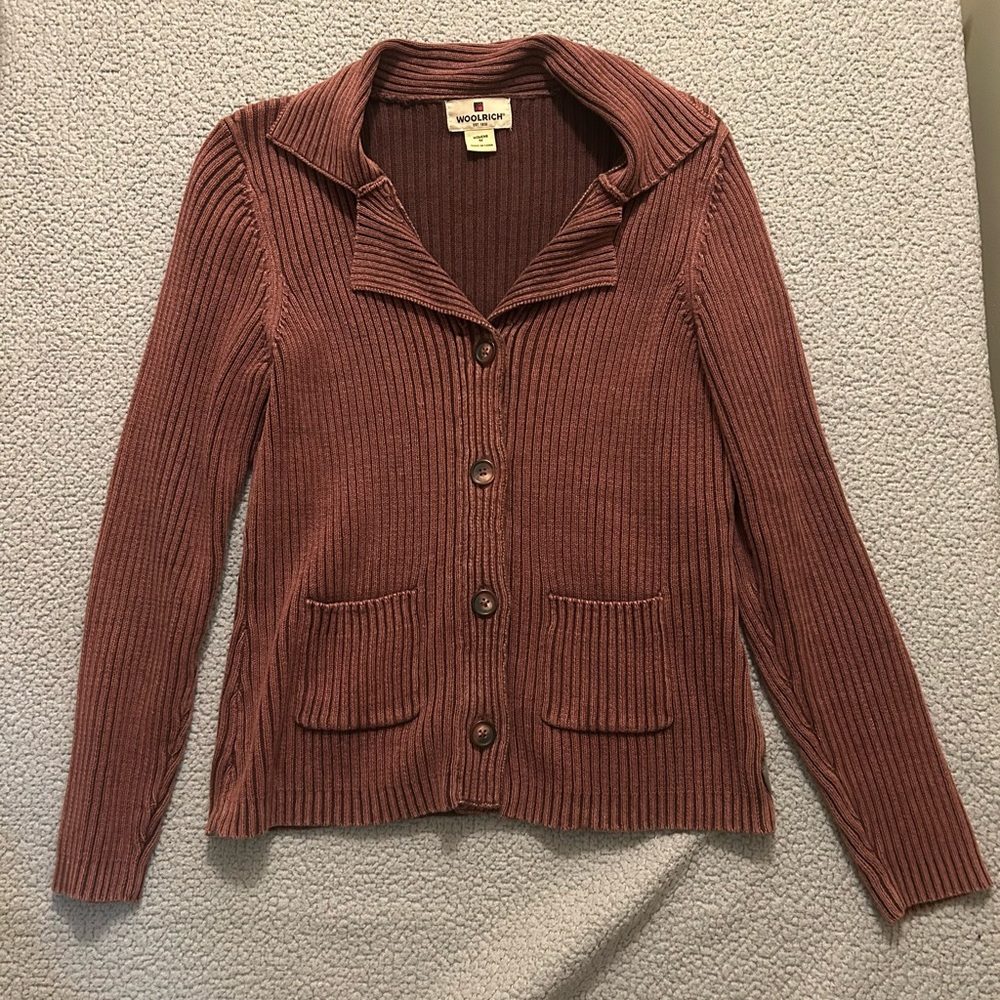 Woolrich Cardigan Womens Medium Cabernet Burgundy Ribbed Knit Button Up Sweater